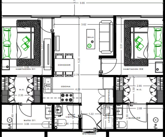 2 habitaciones   57 mtrs